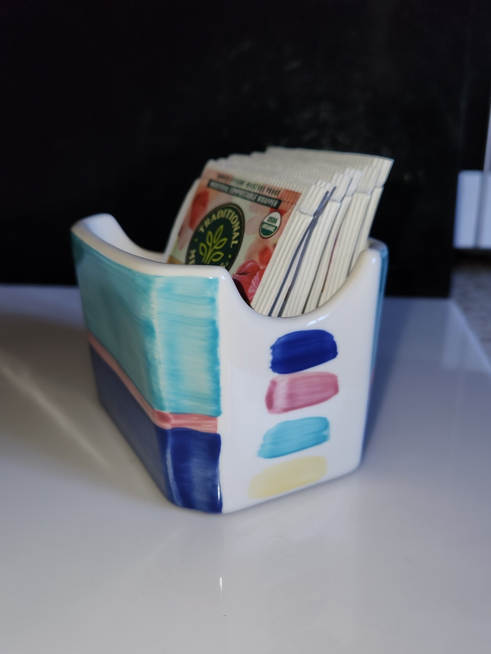 Coors Pottery Ceramic Tea Packet Holder - Multicolor Retro Brushstroke Design